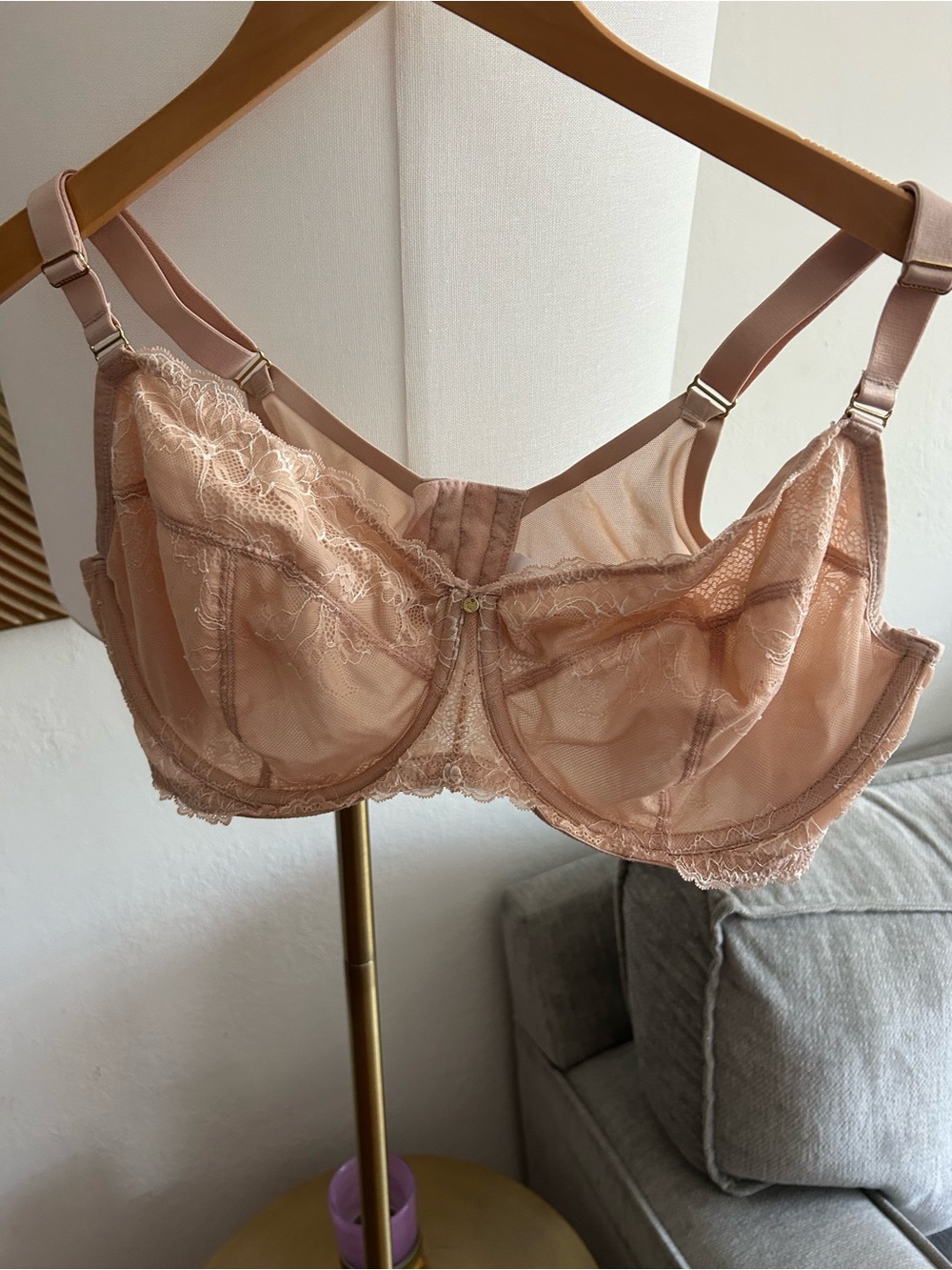 Cacique 42DDD Bra Modern Lace Covered Full Coverage Beige Floral - Picture 2 of 9
